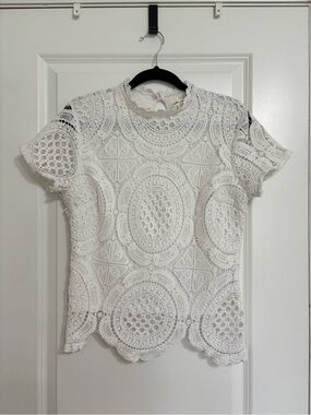 Ultra Pink White Crochet Lace Short Sleeve Top